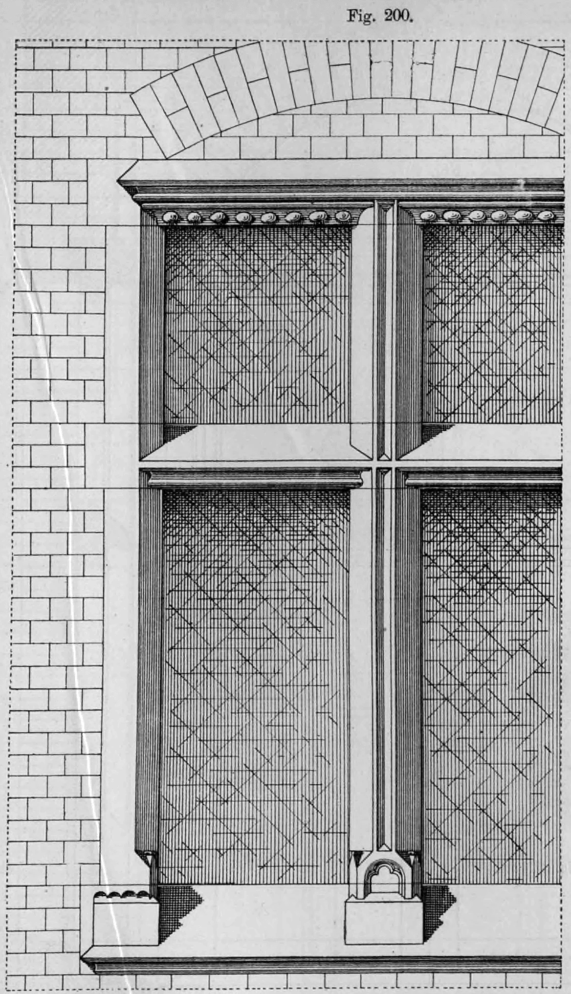 Architekturzeichnung der Ansicht eines mittelalterlichen Werksteinfensters mit geradem Sturz, profiliertem Mittelpfosten und Steinkämpfer.