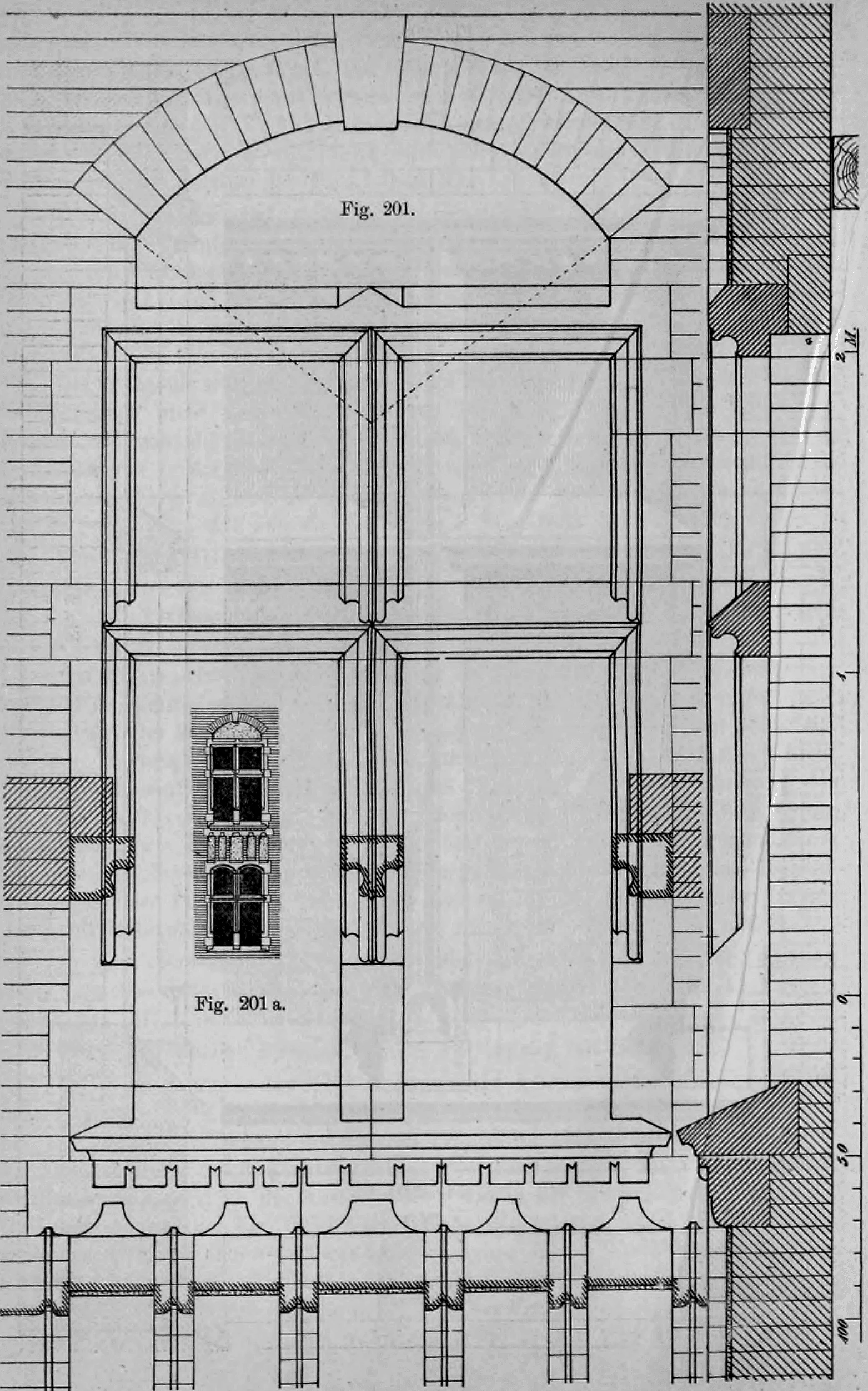 Bemaßte Werkstein-Konstruktionszeichnung eines spätgotischen oder renaissancezeitlichen Kreuzstockfensters mit Entlastungsbogen und Konsolgesims.