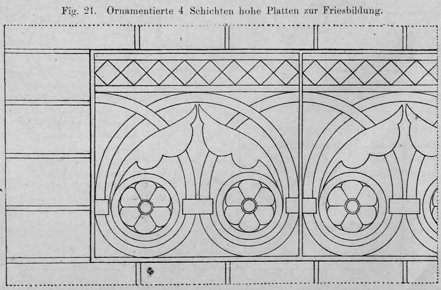 Architektonische Detailzeichnung einer ornamentierten, vier Schichten hohen Terrakottaplatte zur Friesbildung im Backsteinbau.