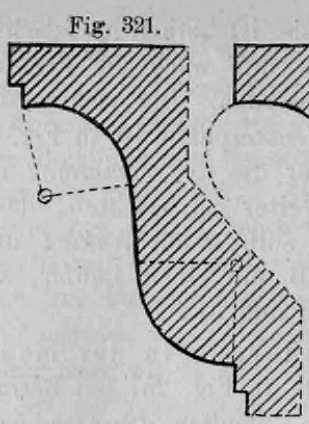 Querschnitt eines Werksteinprofils (Karnies) mit geometrischer Konstruktion.