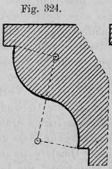 Geometrische Konstruktion eines geschwungenen Gesimsprofils (Karnies) mit Angabe der Radien und Kreismittelpunkte.