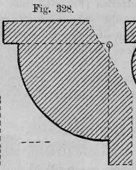 Geometrische Konstruktionszeichnung eines klassischen Gesimsglieds (Hohlkehle oder Anlauf) im Querschnitt.