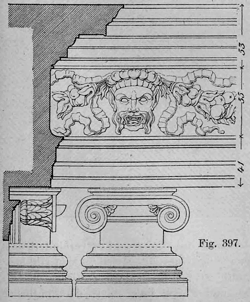 Konstruktionszeichnung eines klassischen Renaissance-Gebälks mit Maßangaben für Architrav, Fries und Kranzgesims.