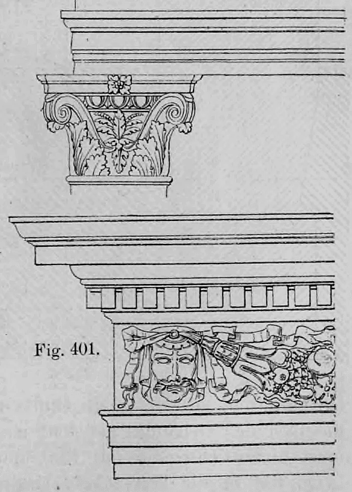 Architektonische Detailzeichnung eines verzierten Hauptgesimses (Fig. 401) mit Friesdekor und eines darüberstehenden Pilasterkapitells.