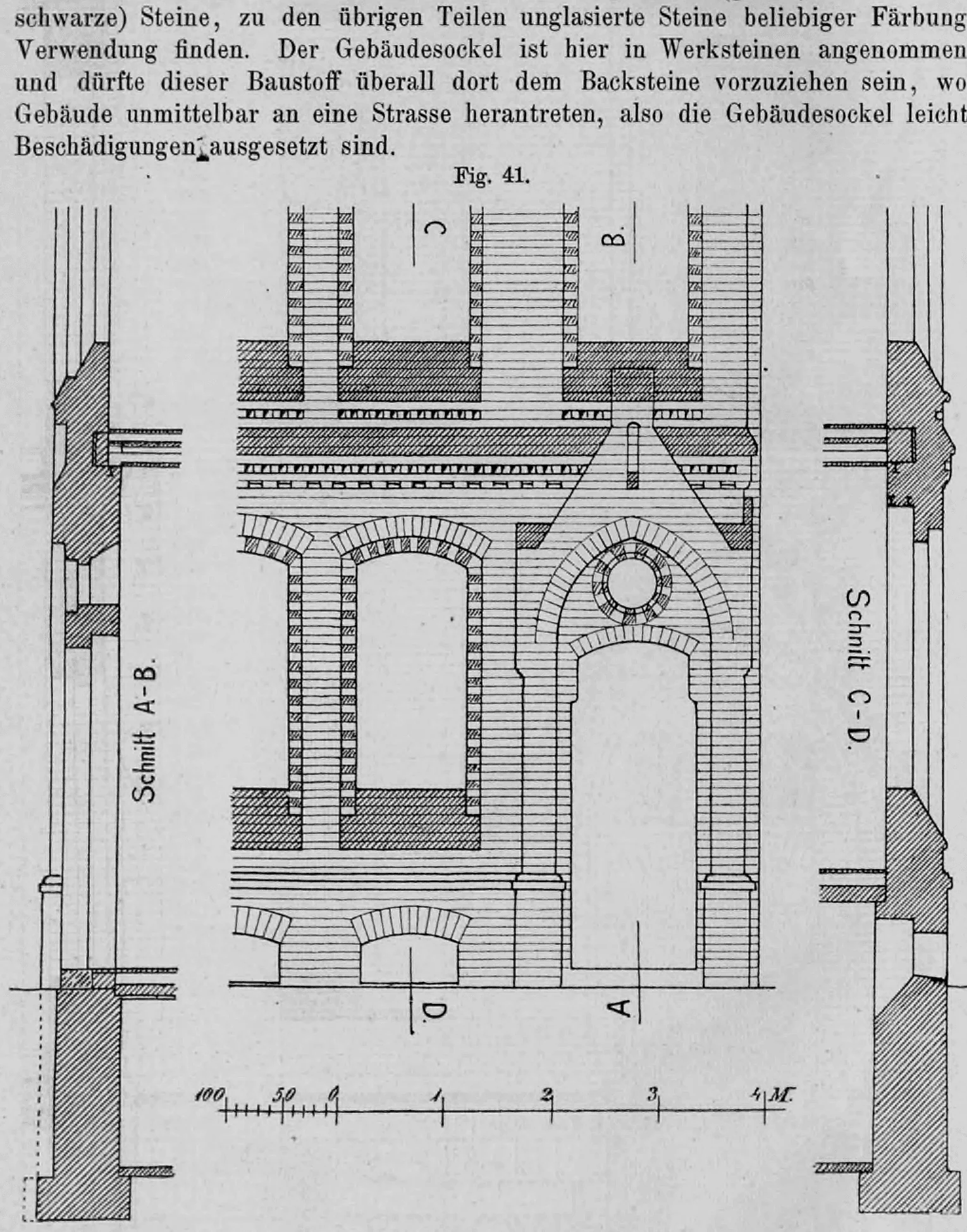 Architektonische Detailzeichnung eines neugotischen Hauseingangs mit Giebelbekrönung (Wimperg) in Backsteinbauweise.