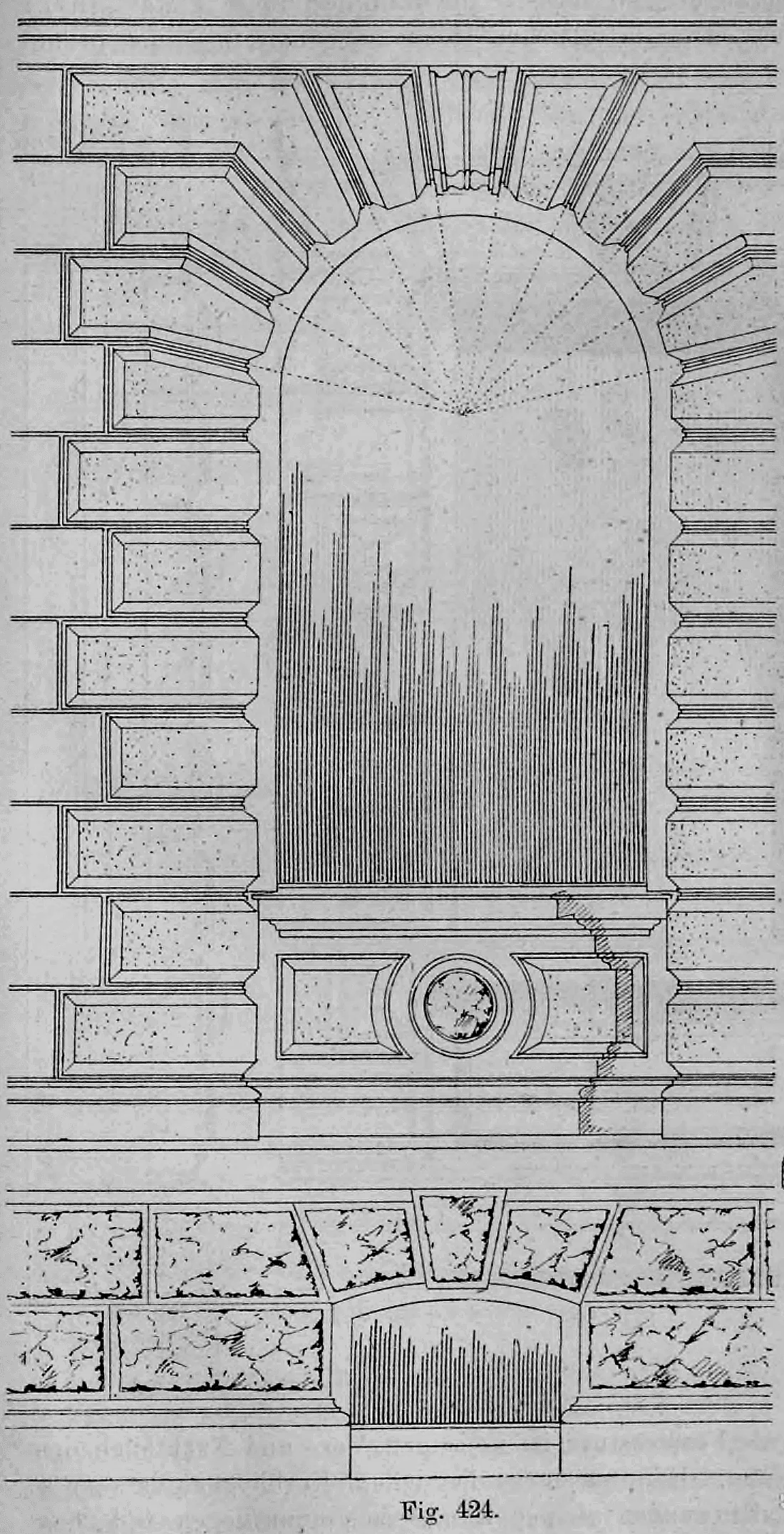 Konstruktionszeichnung einer rundbogigen Fensteröffnung mit Quaderumrahmung (Rustika) und eingezeichnetem Fugenschnitt.