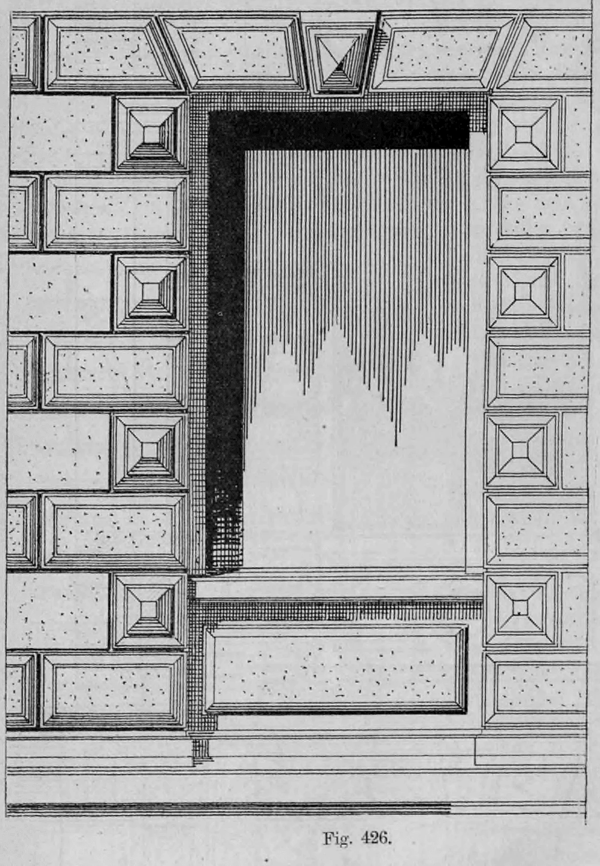 Zeichnung einer scheitrechten Fensterabdeckung mit ausgeprägtem Schlussstein in einer reich verzierten Rustikafassade.
