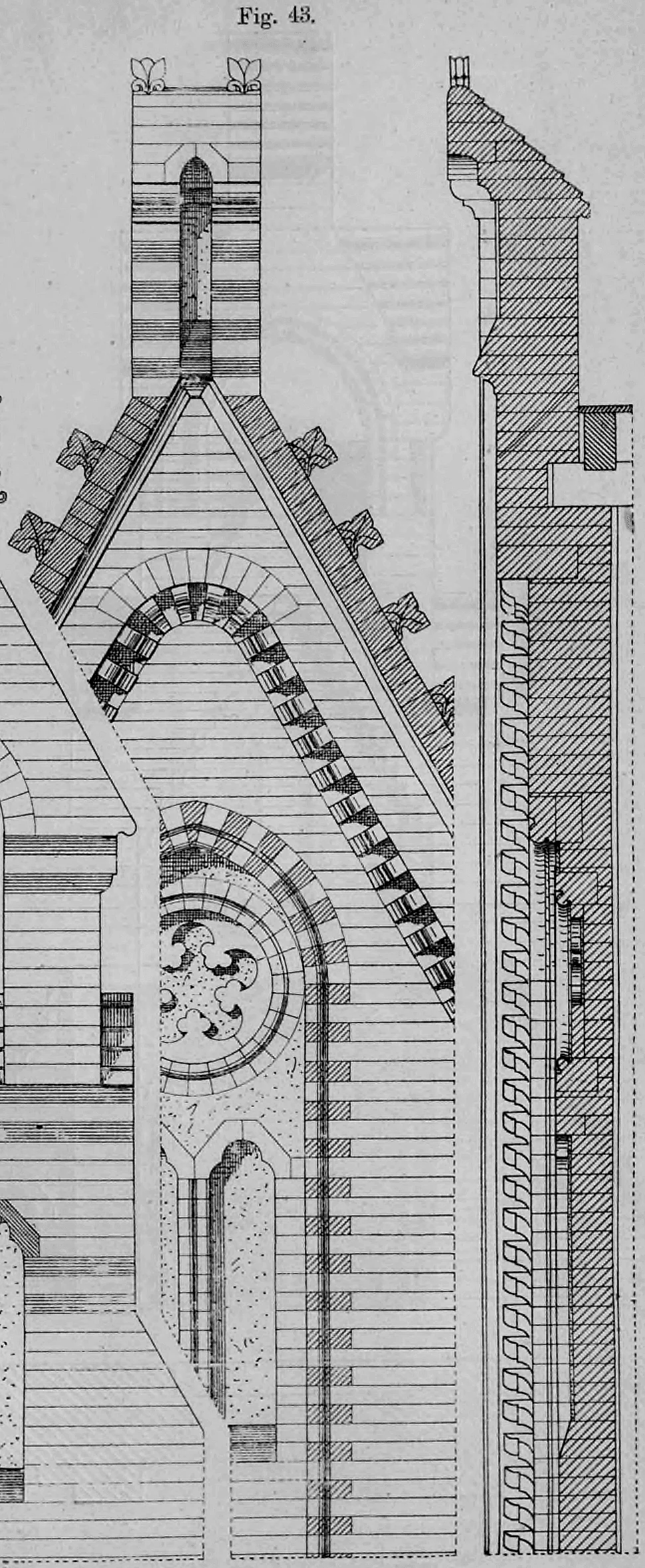 Konstruktionszeichnung eines neugotischen Backsteingiebels mit Maßwerk-Rundfenster und dekorativem Spitzbogenfries.