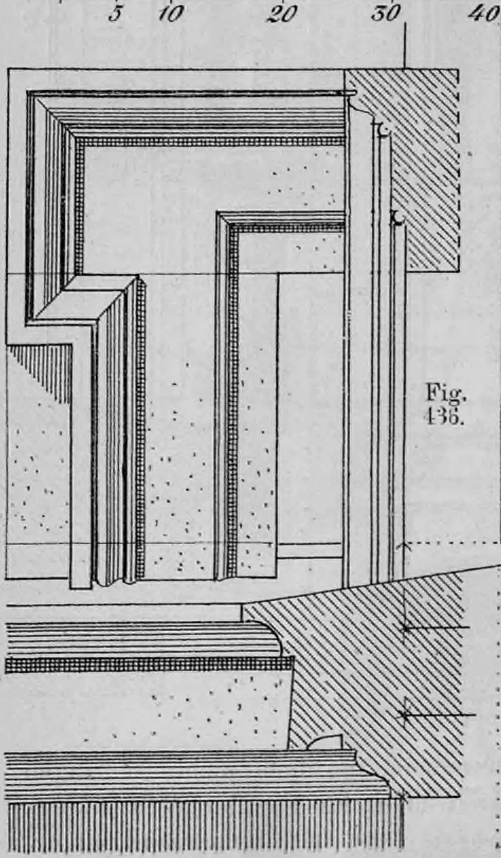 Technische Zeichnung eines profilierten Fenstergewändes aus Werkstein mit sogenannten 'Ohren' und auf der Sohlbank auslaufenden Profilen.