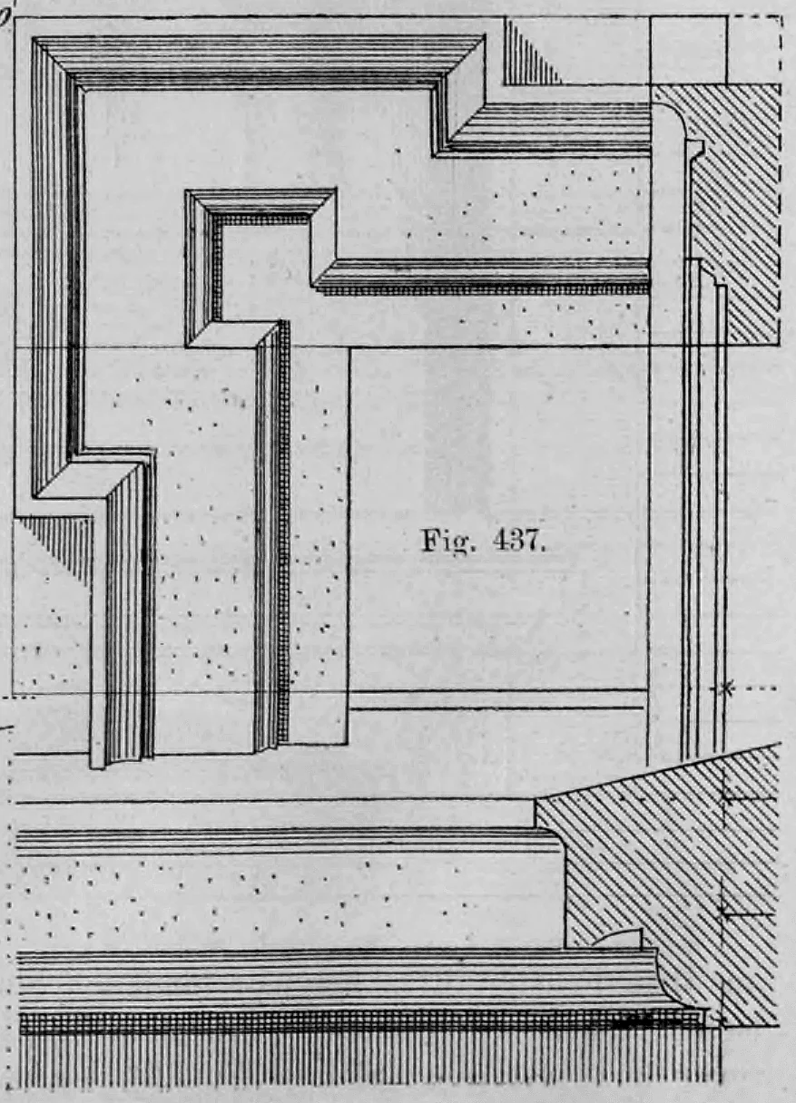 Detailzeichnung eines profilierten Fenstersturzes mit 'Ohr' (oben) und dem Anschluss an die Sohlbank (unten).
