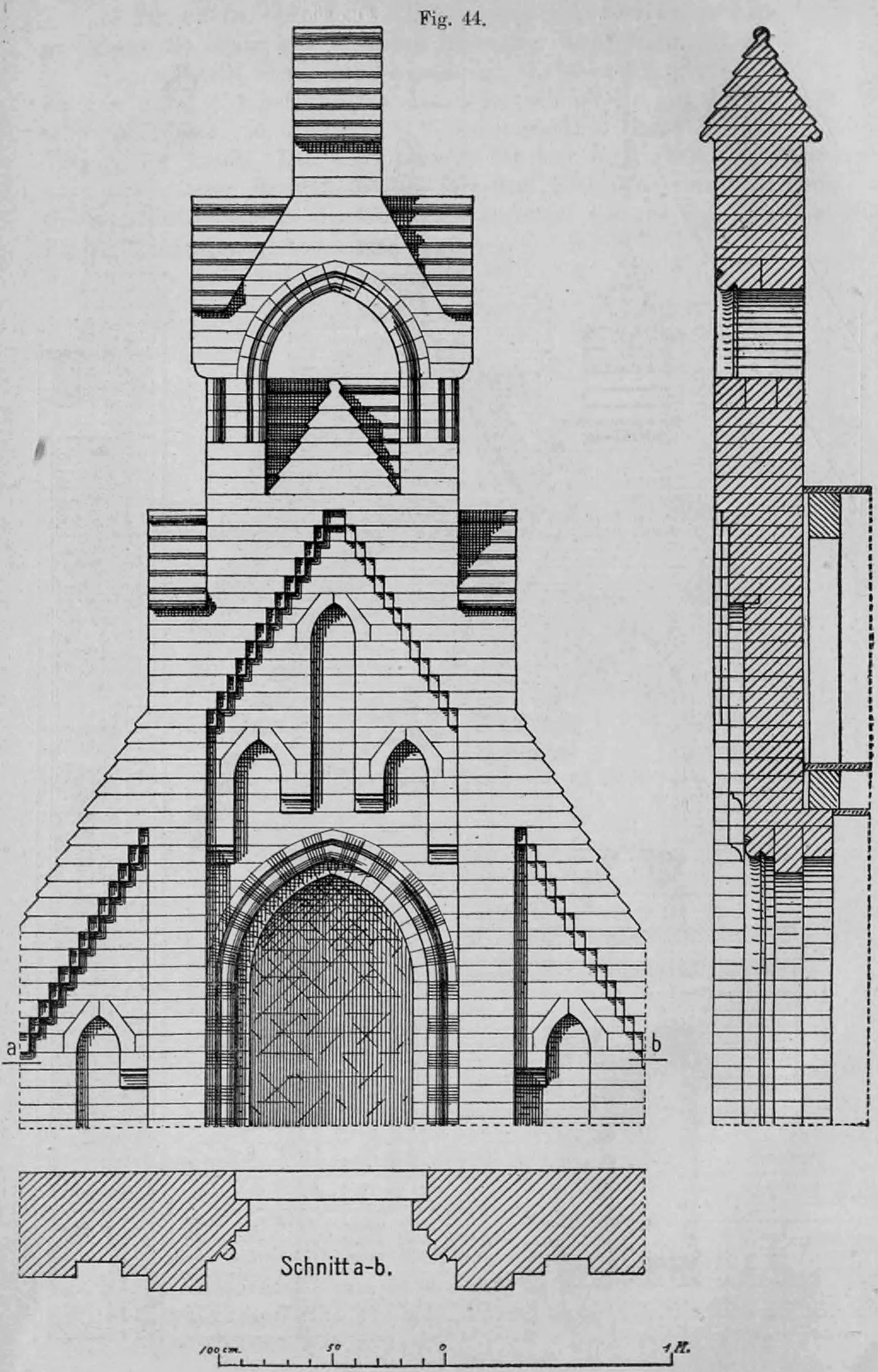 Architektonische Detailzeichnung eines neugotischen Backsteingiebels mit Portal, inklusive Aufriss, Längsschnitt und Querschnitt.