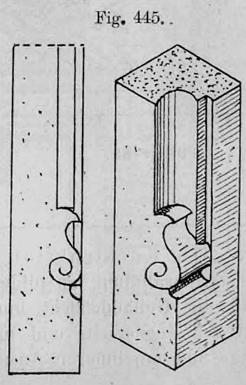 Detailzeichnung und axonometrische Darstellung der reich verzierten, unteren Endigung einer Abfasung an einem Fenstergewände aus Werkstein.