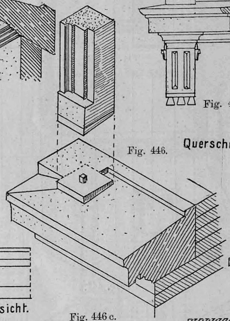 Axonometrische Explosionsdarstellung der Verbindung zwischen einem Fenstergewände und einer Sohlbank.