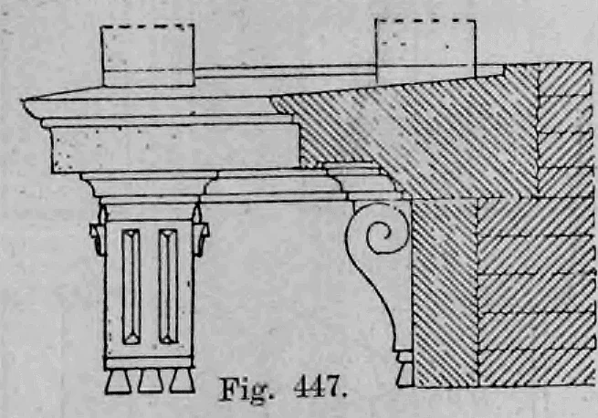 Detailzeichnung einer Fensterverdachung mit tragender Volutenkonsole und ornamentiertem Gewände im Werksteinbau.