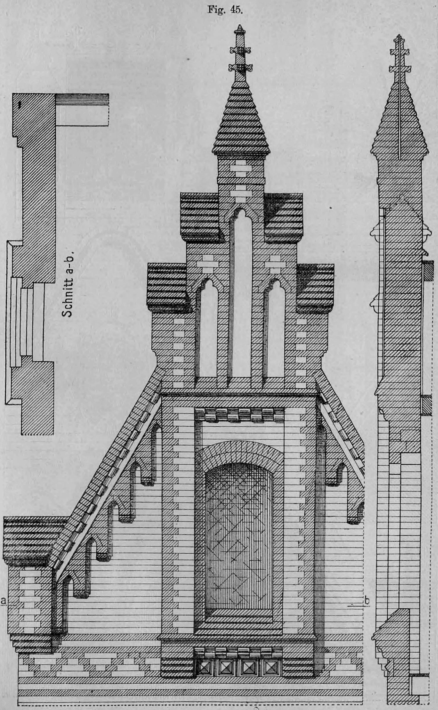 Architekturzeichnung eines neugotischen Backsteingiebels mit Fenster, Fiale und detaillierten Schnittdarstellungen.