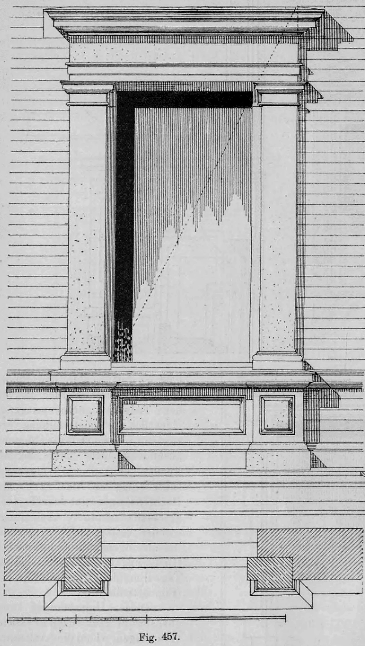 Konstruktionszeichnung eines Renaissance-Fensters in Werkstein mit Aufriss, Schattenwurf-Konstruktion und horizontalem Profilschnitt.