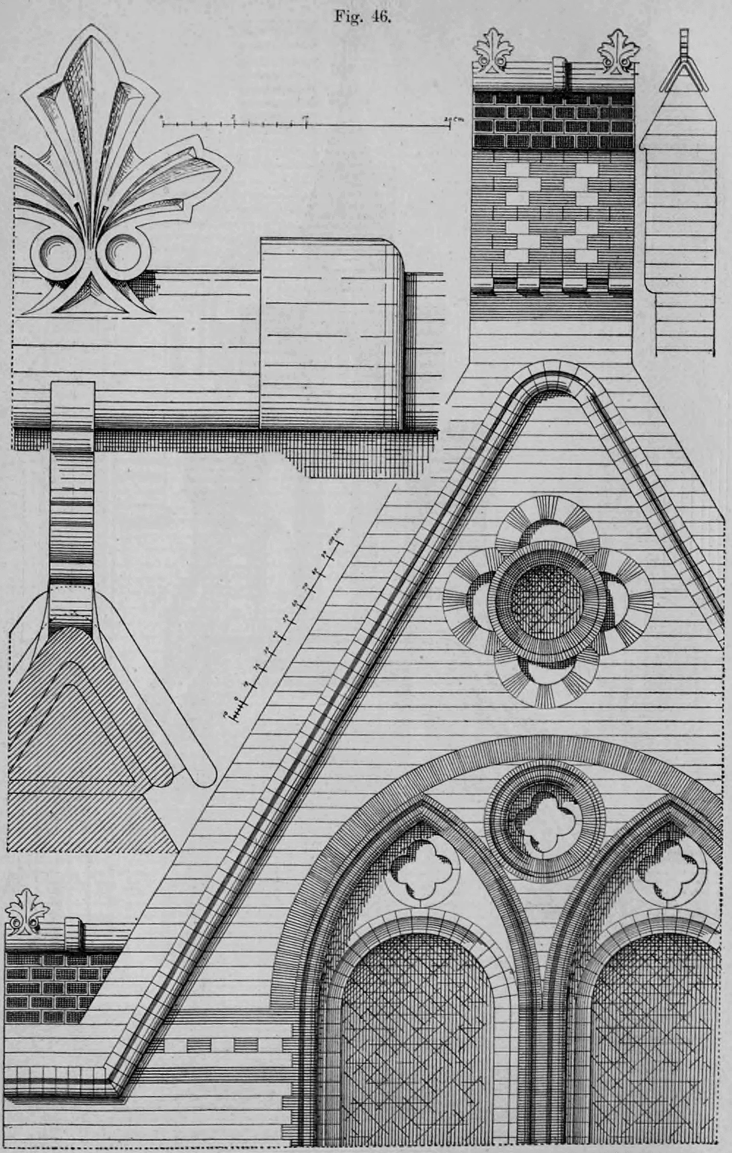 Bauzeichnung architektonischer Details eines neugotischen Backsteingiebels mit Spitzbogenfenstern, Maßwerk und Zierelementen.