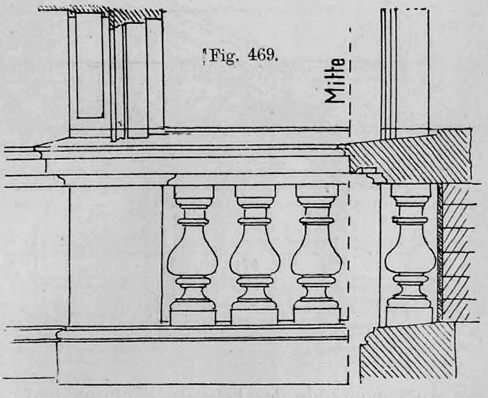 Technische Zeichnung einer Balustrade mit profilierten Balustern im Stil der Renaissance.