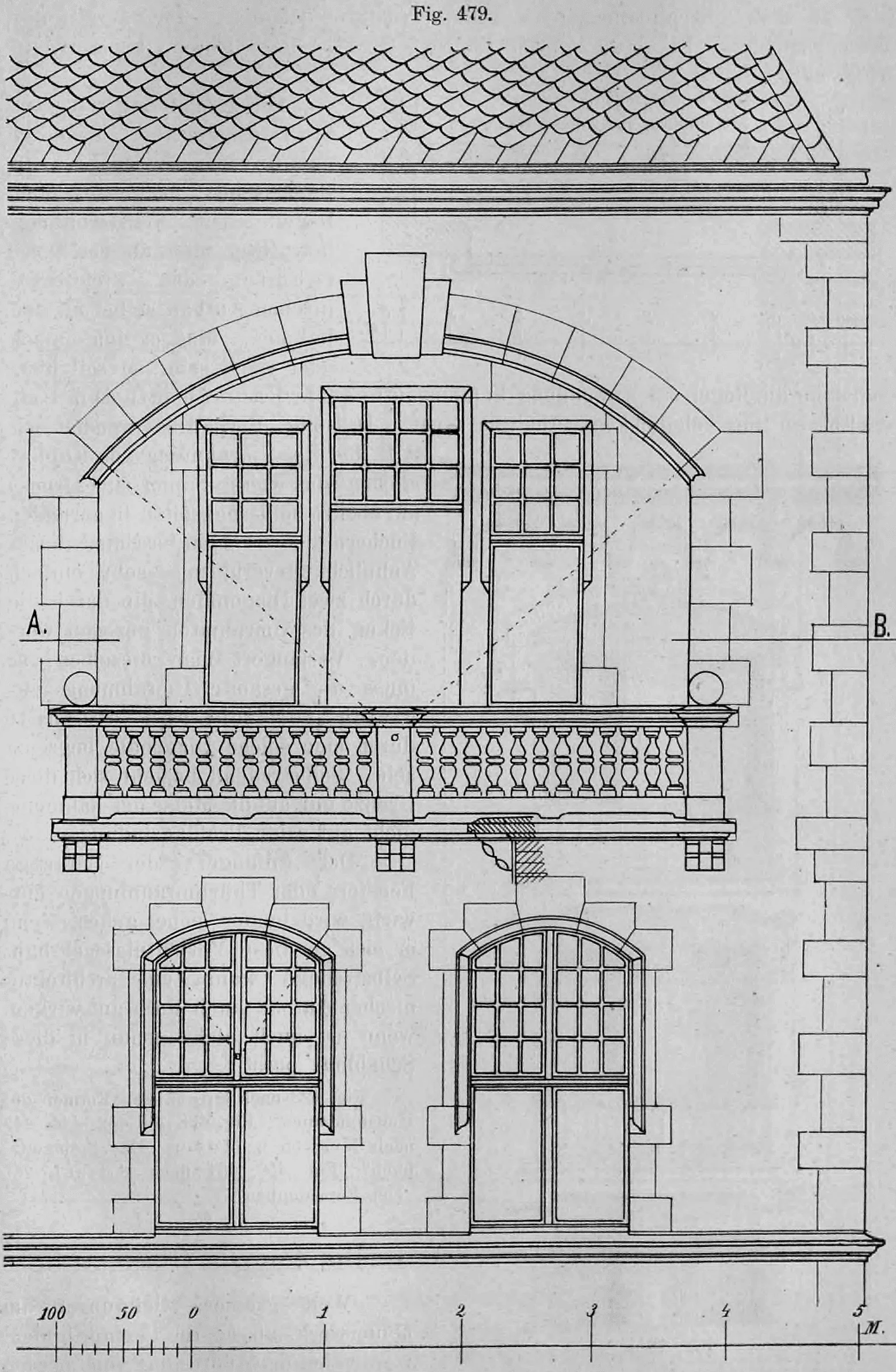 Fassadenaufriss eines zweigeschossigen Renaissance-Gebäudes mit Balkon, Balustrade und Werksteinfenstern.