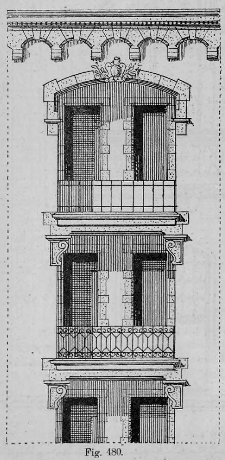 Architektonische Aufrisszeichnung einer dreigeschossigen Fenster- und Türachse im Renaissancestil.