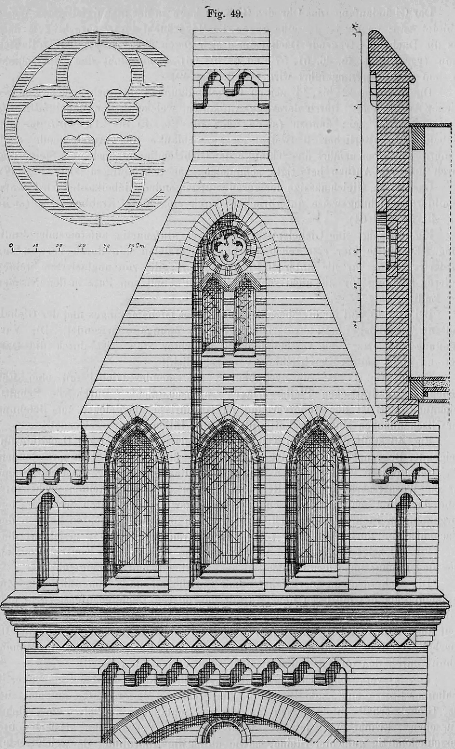 Architektonische Zeichnung eines neugotischen Backsteingiebels (Fig. 49) mit Aufriss, Höhenschnitt und Detailzeichnung einer Rosette.