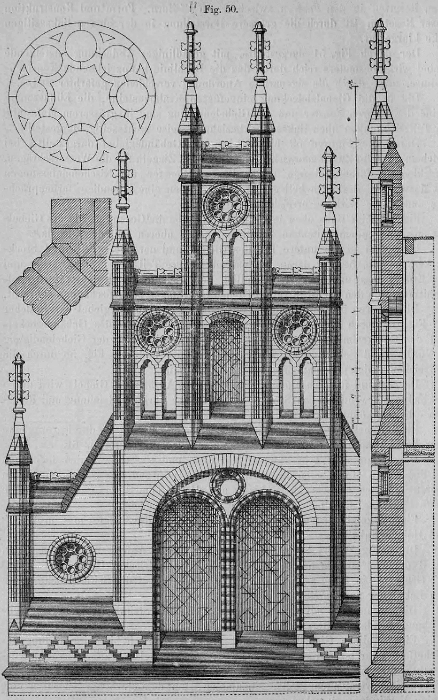 Architekturzeichnung eines neugotischen Backsteingiebels, der in fünf vertikale Abschnitte gegliedert ist, mit Aufriss, Profil und Detailzeichnungen.