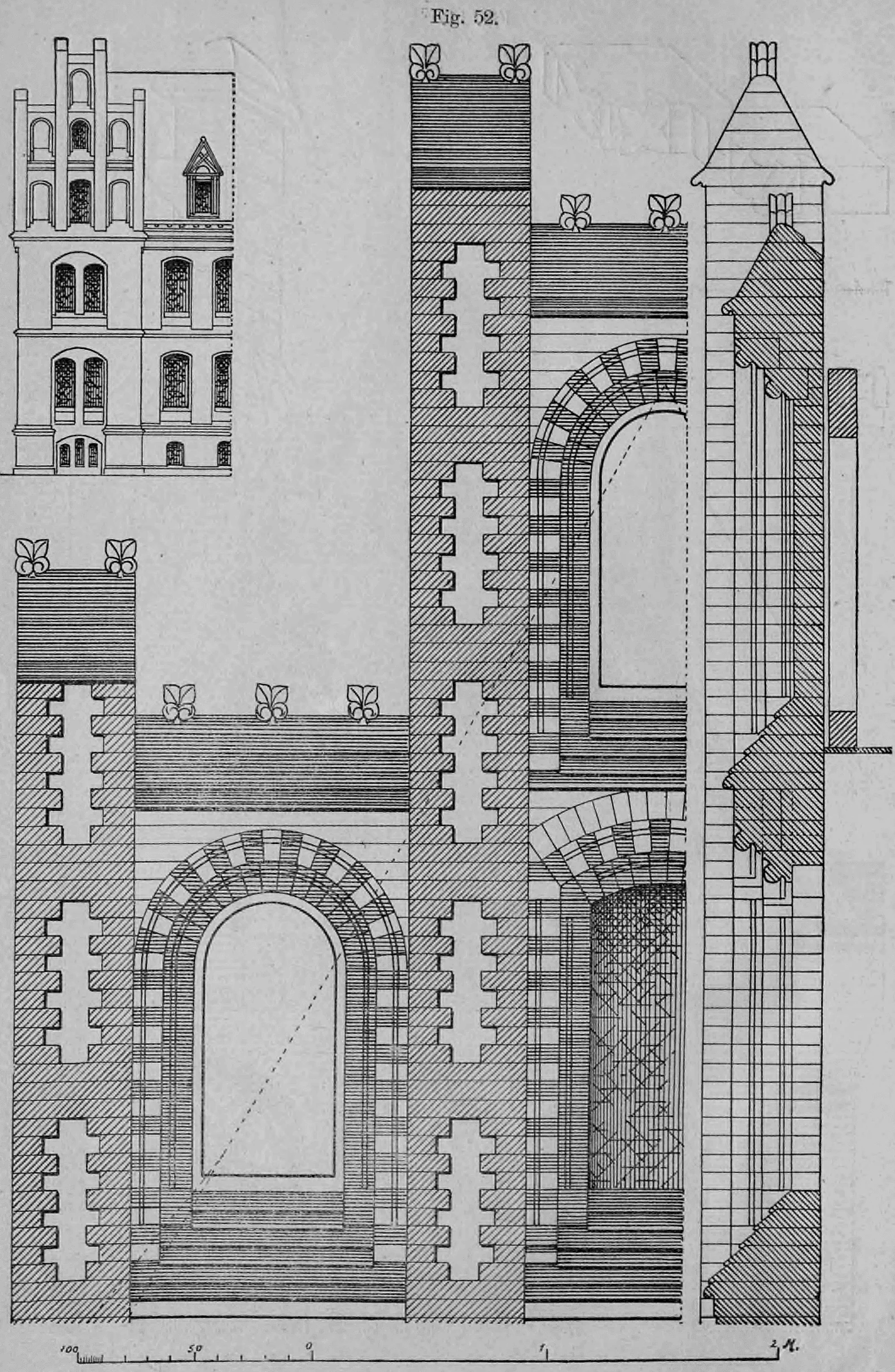 Architektonische Detailzeichnung einer Backsteinfassade mit Rundbogenfenstern und verzierten Pfeilervorlagen samt einer Übersichtszeichnung im Aufriss.