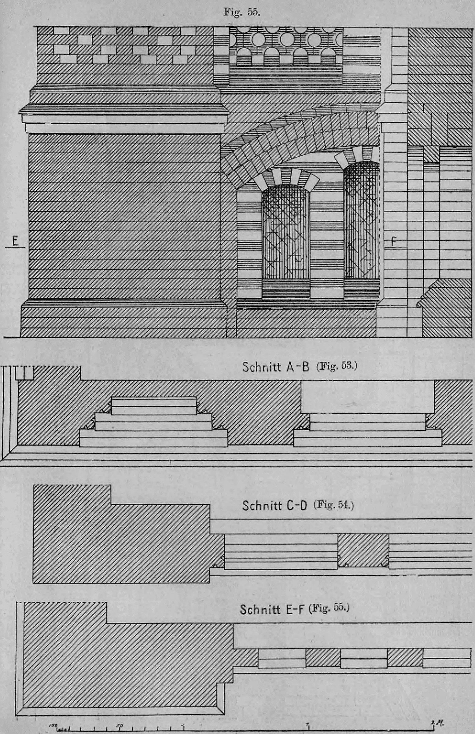Architektonische Detailzeichnung einer Backsteinfassade mit Fenstern sowie dazugehörigen Horizontalschnitten.