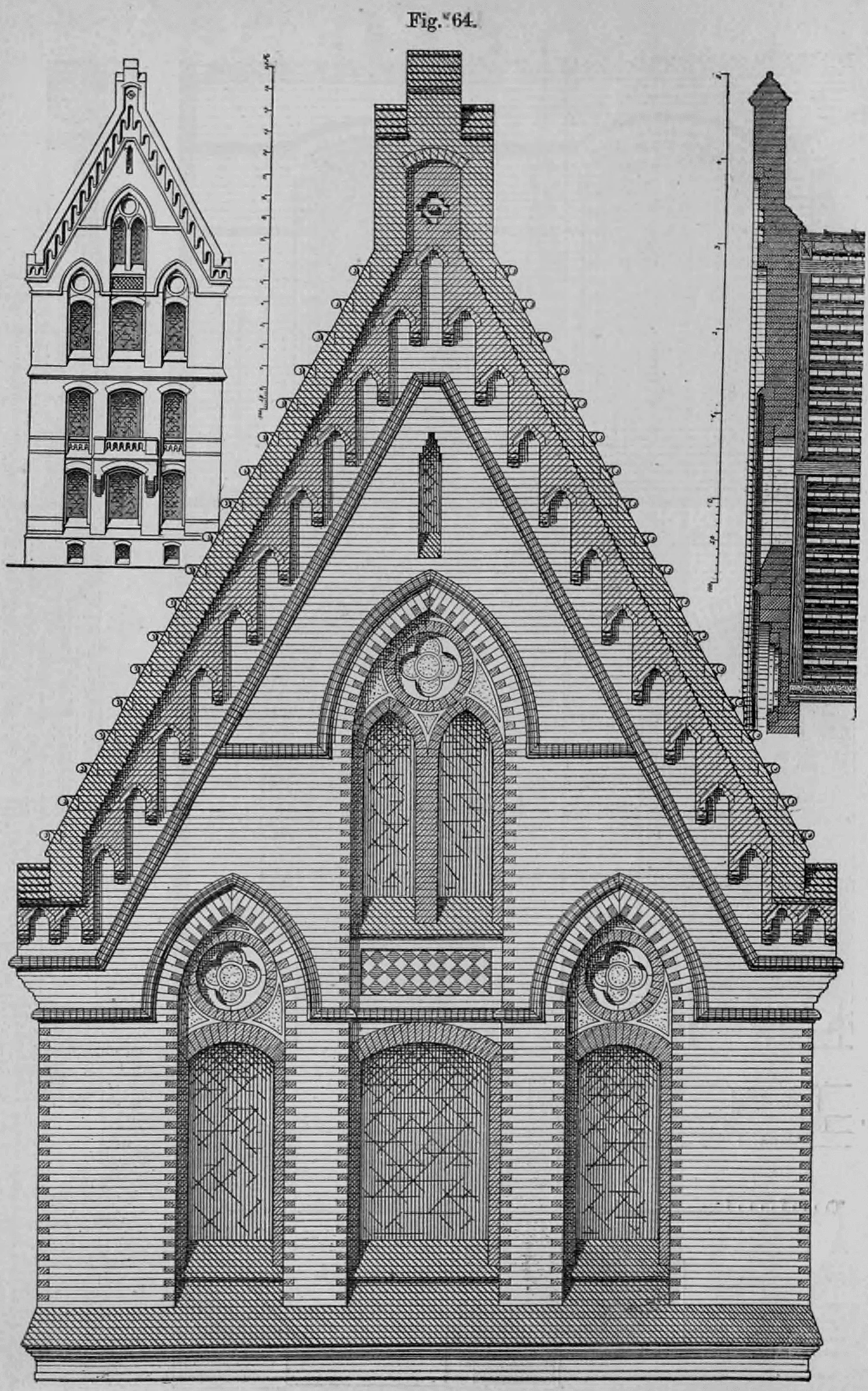 Architekturzeichnung eines neugotischen Backsteingiebels mit detaillierten Mauerwerksmustern, Maßwerkfenstern und einer schematischen Gesamtansicht der Fassade.