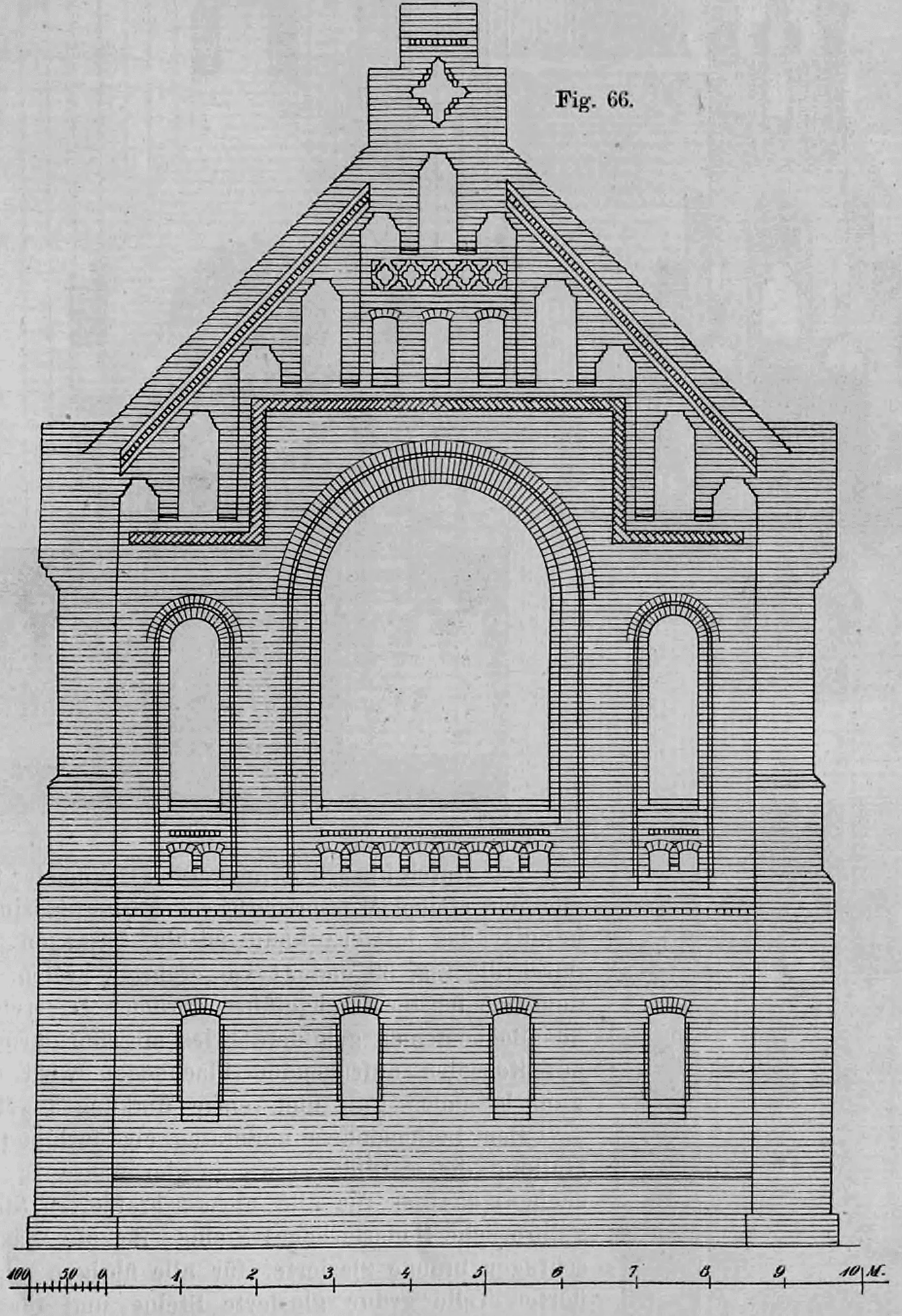Architektonische Aufrisszeichnung einer verzierten Backsteinfassade mit gestuftem Giebel und Maßstabsleiste.