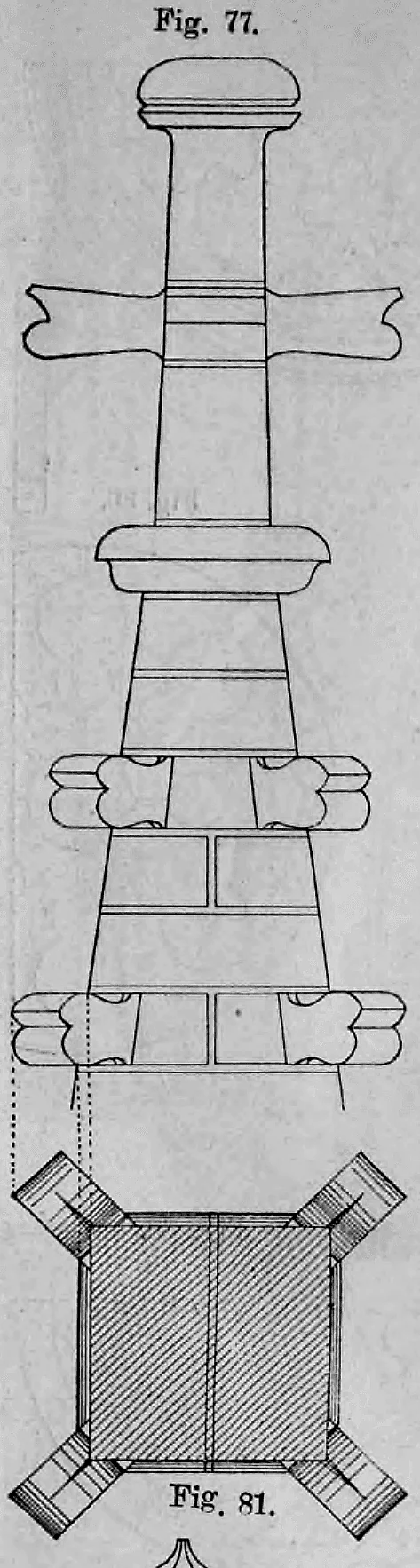 Technische Konstruktionszeichnung einer gestuften Pfeiler- oder Giebelendigung im Aufriss und Grundriss.
