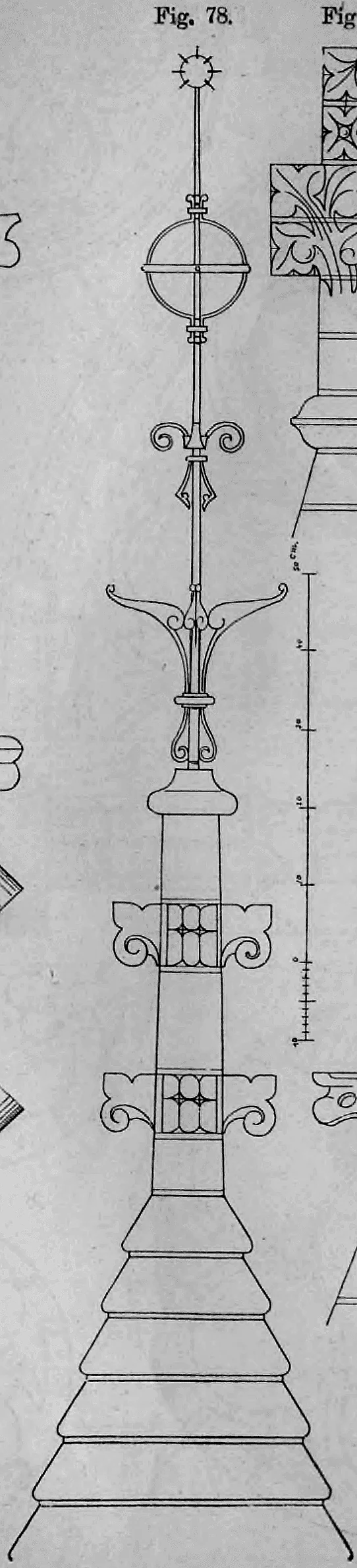 Technische Zeichnung einer schlanken Pfeilerendigung mit kunstvollem, schmiedeeisernem Firstschmuck und Verankerung (Fig. 78).