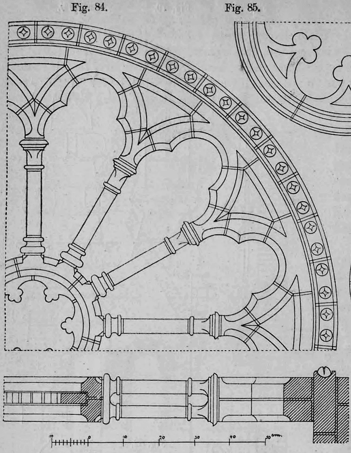Technische Zeichnung eines gotischen Radfensters (Fig. 84) in Teilansicht und im Radialschnitt mit Maßstabsleiste.