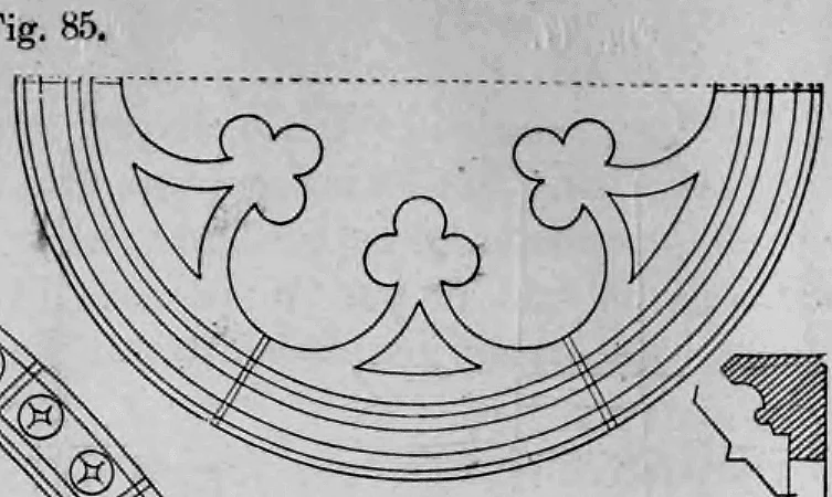 Schematische Zeichnung einer halben Rosette mit Dreipass-Maßwerk sowie zugehörigem Profilschnitt.