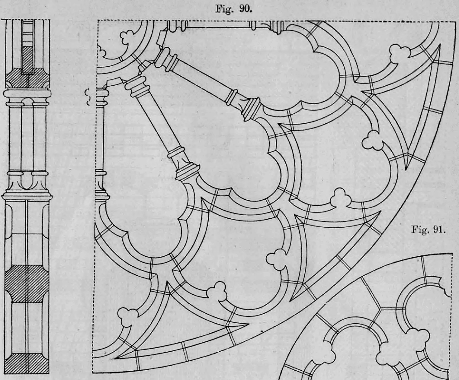 Die Abbildung zeigt einen Teilaufriss sowie ein vertikales Profil eines gotischen Maßwerk-Radfensters (Fig. 90).