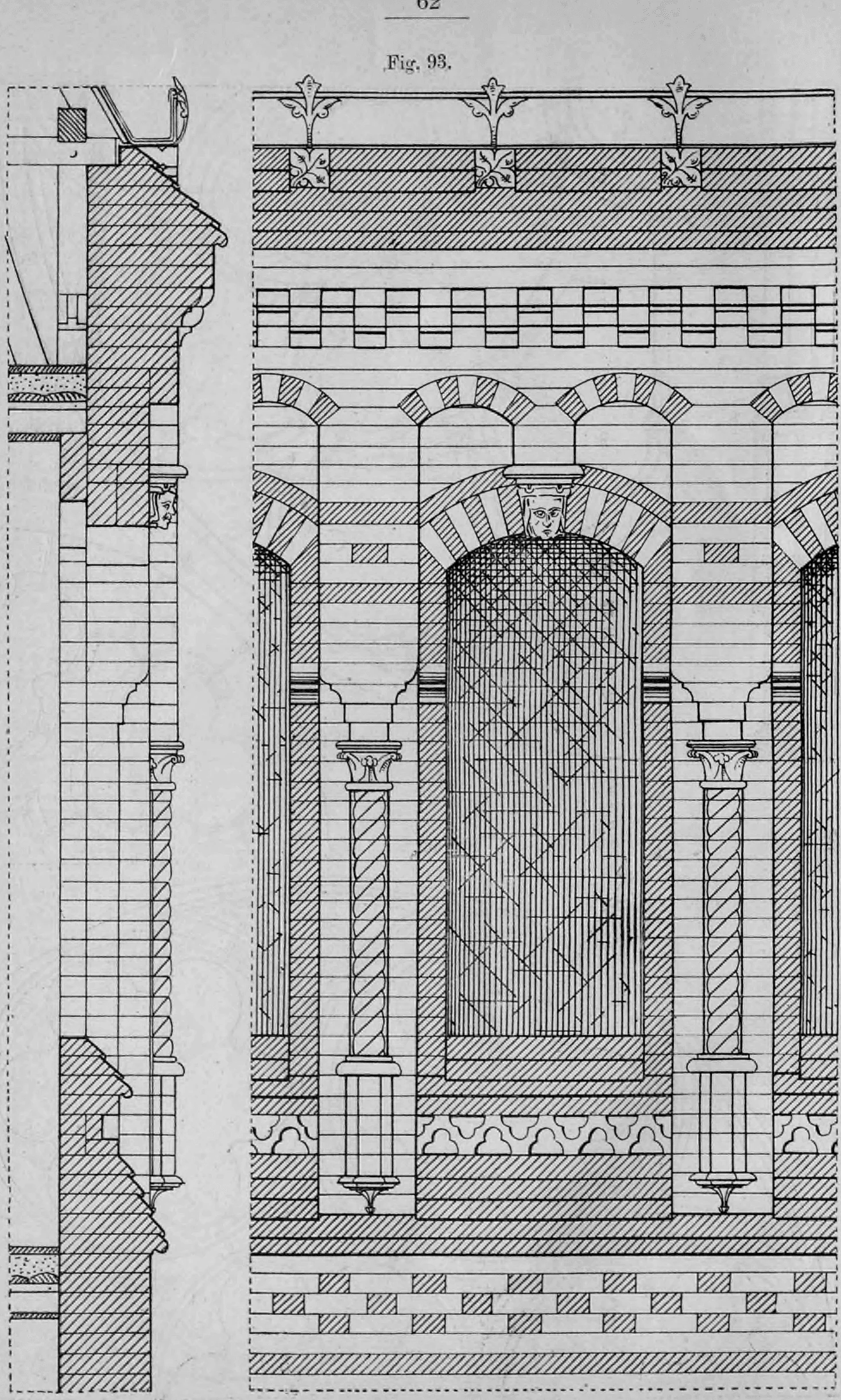 Architekturzeichnung eines Wandabschnitts im Backsteinbau mit Aufriss und Schnittdarstellung.