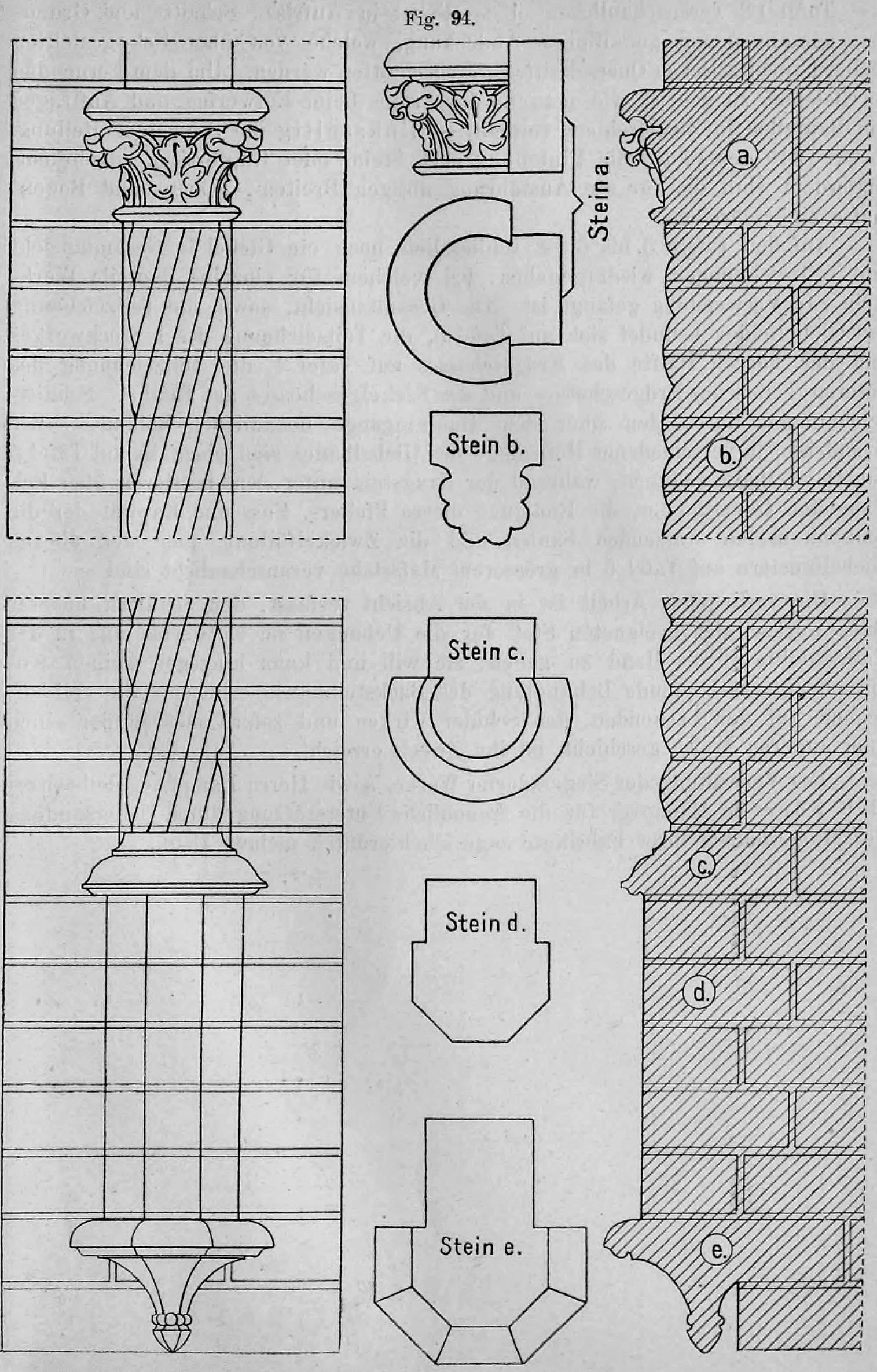 Architekturzeichnung zur Konstruktion einer gewundenen Halbsäule mit Kapitell und Konsolfuß aus speziell geformten Backsteinen (Formsteinen).