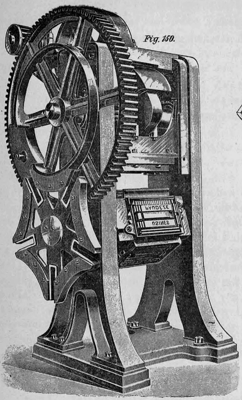 Historische technische Darstellung einer schweren Revolver-Falzziegelpresse zur Ziegelherstellung.