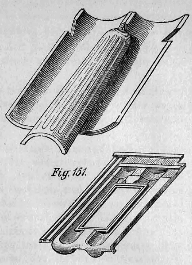 Historische Grafik eines Lichtziegels zur Dachbelichtung mit dazugehöriger Detailzeichnung des Rahmens für die Glasscheibe.