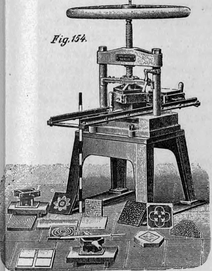 Historische Spindelpresse zur Herstellung von gemusterten Zement- und Terrazzoplatten.