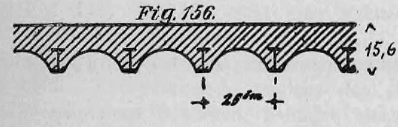 Technische Zeichnung einer Deckenkonstruktion mit flachen Betonkappen im Querschnitt (Fig. 156).