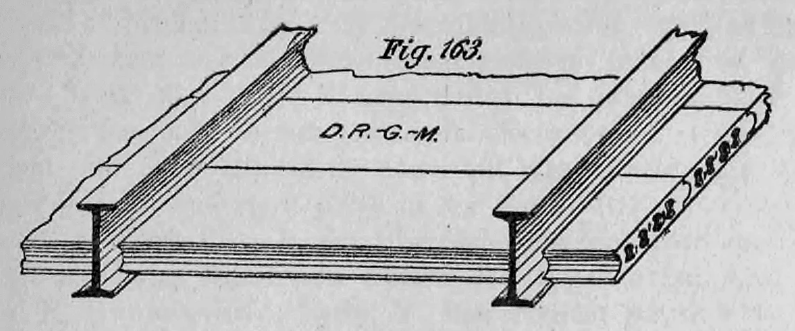 Historische technische Zeichnung (Fig. 163) einer Decken- oder Bodenkonstruktion mit Zementplatten zwischen zwei eisernen I-Trägern.