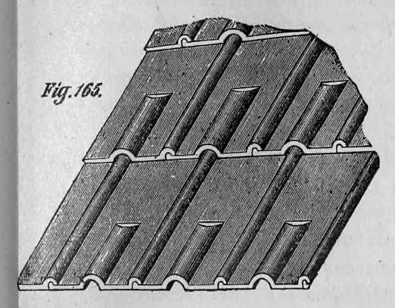 Schematische Darstellung von ineinandergreifenden Zementdachfalzziegeln nach Kretzners System.