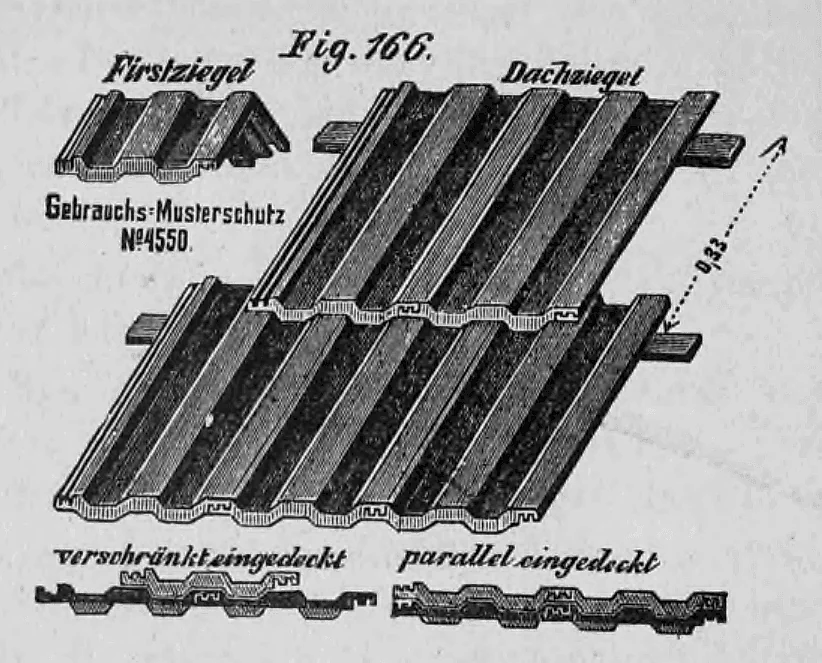Schematische Darstellung von Wutkes Zementdoppelfalzziegeln mit Firstziegel, Verlegearten und Lattungsmaß.