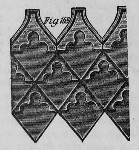 Grafische Darstellung eines dekorativen Eindeckungsmusters mit ornamentierten Dachplatten (Fig. 169).