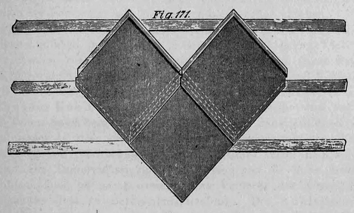 Schematische Darstellung von ineinandergreifenden, rautenförmigen Zementdachplatten auf Dachlatten.