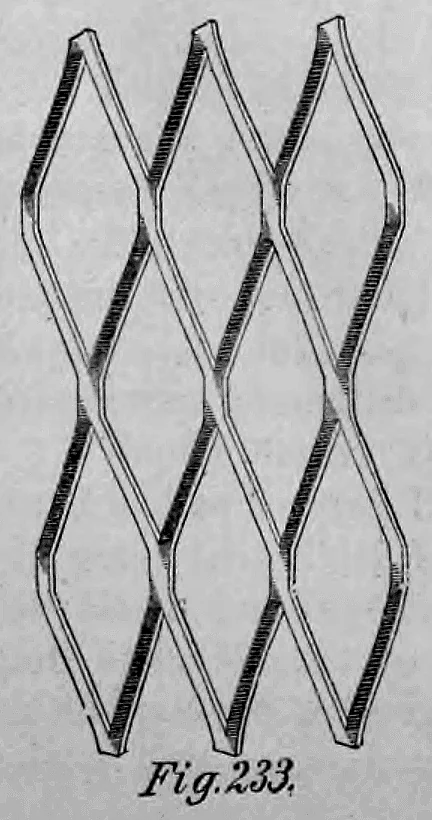 Historische Darstellung von Streckmetall mit rautenförmiger Gitterstruktur (Fig. 233).