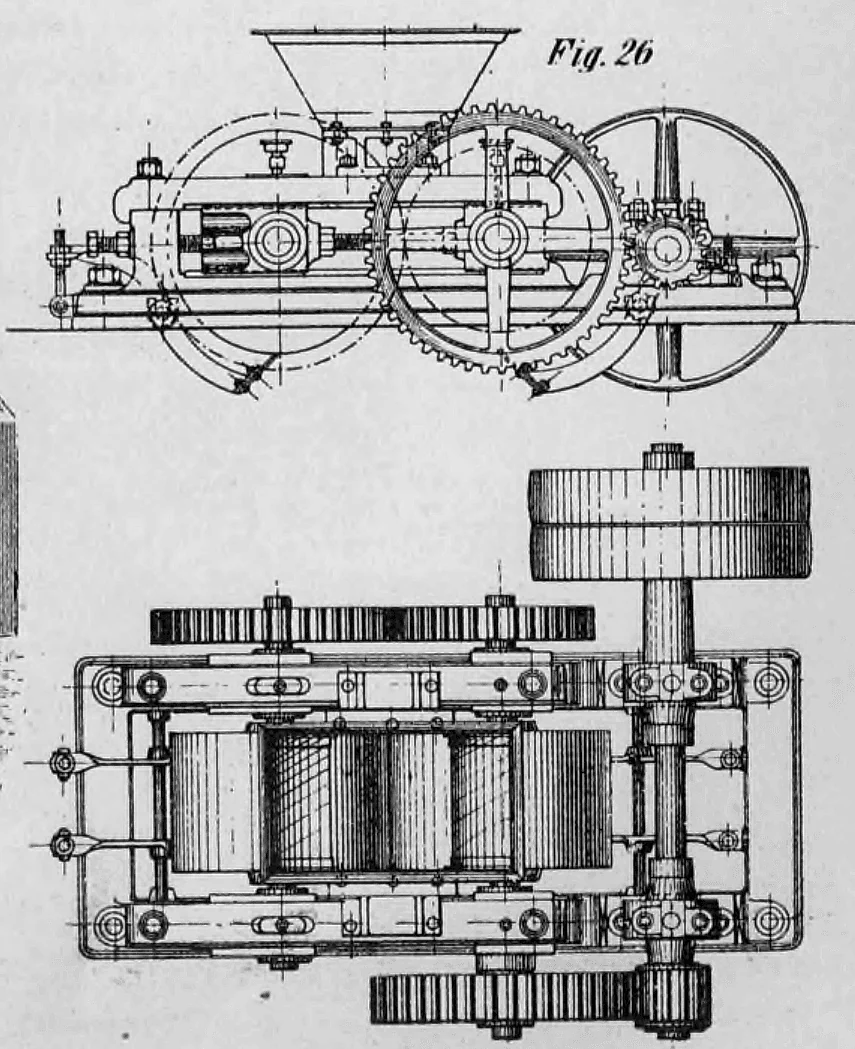 Technische Zeichnung (Aufriss und Draufsicht) eines Walzwerks (Walzenmühle) zur Tonvorbereitung.