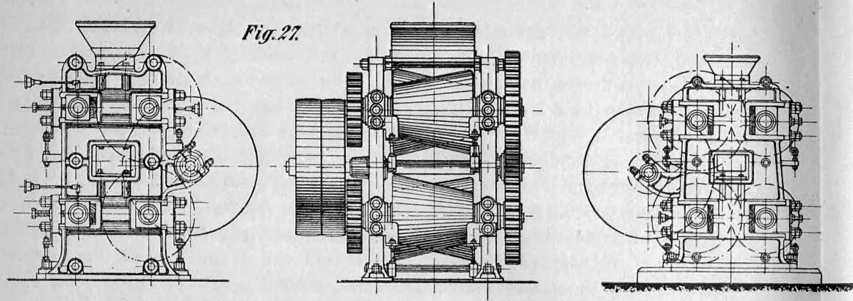 Technische Zeichnung einer doppelten Walzenmühle mit konischen Walzen der Firma Friedr. Krupp, Grusonwerk (Fig. 27).