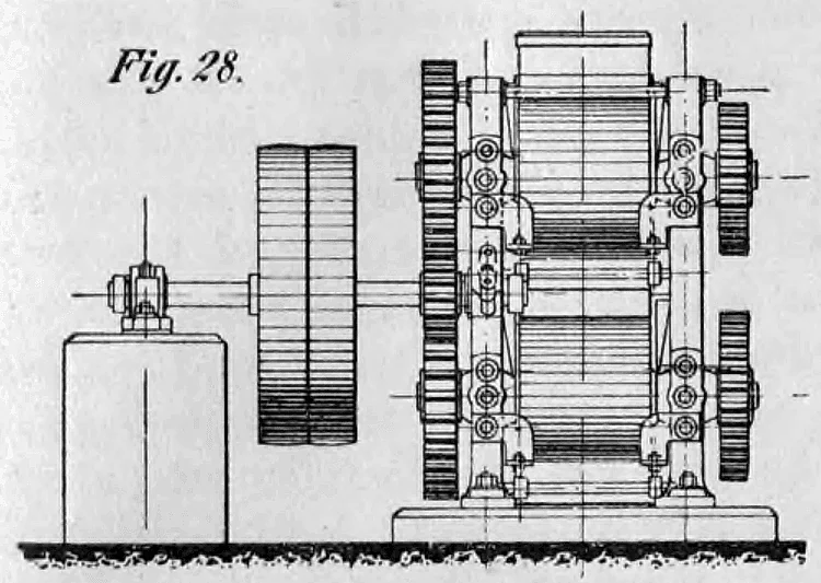 Technische Zeichnung (Aufriss) einer doppelten Walzenmühle mit zylindrischen Walzen der Firma Friedr. Krupp, Grusonwerk.